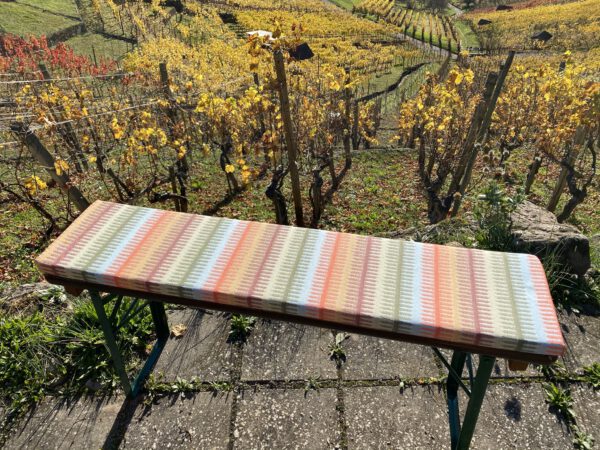 hier sehen sie eine gestreifte Polsterauflage für eine Bierbankgarnitur aus hochwertigem Outdoor-Stoff, die Grösse ist individuell anpassbar