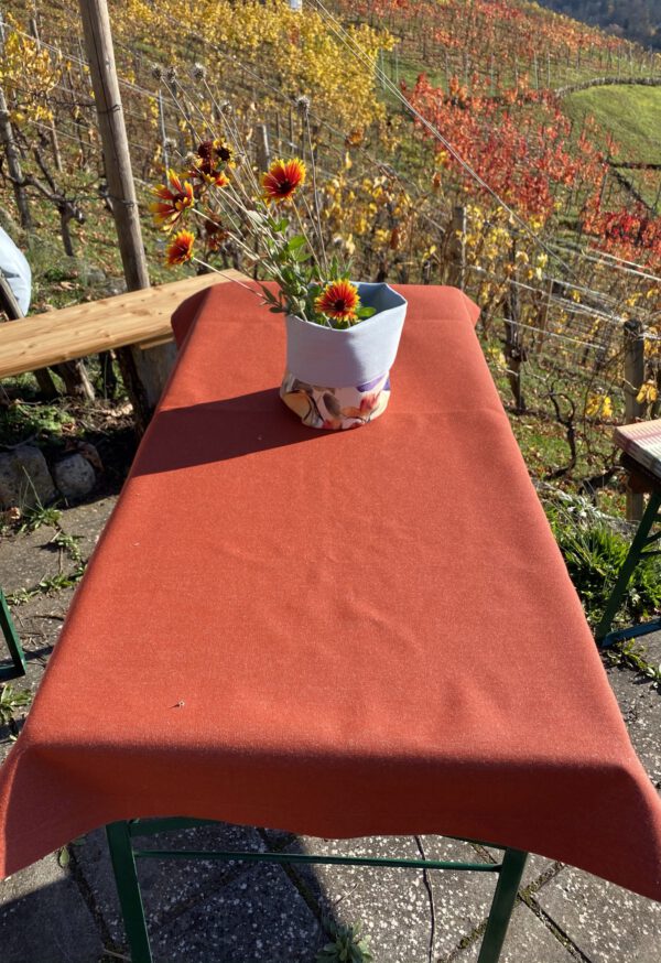 hier sehen sie eine Outdoor Tischdecke in orange, viele Farben und Muster lieferbar, ebenso die Grössen