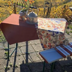 hier sehen sie eine Auswahl der Möglichkeiten für Outdoor Tischdecken- Polsterauflagen, Brot- und Blumenbeutel in vielen Farben und Mustern und Grössen verfügbar